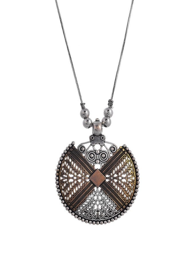 NAMAN ARTS Oxidised Dual Tone Half Moon Mandala Pendant Necklace for Women | Antique Gold Crescent Charm | Pure Brass Lightweight Ethnic Boho Chain Necklace - Image 1