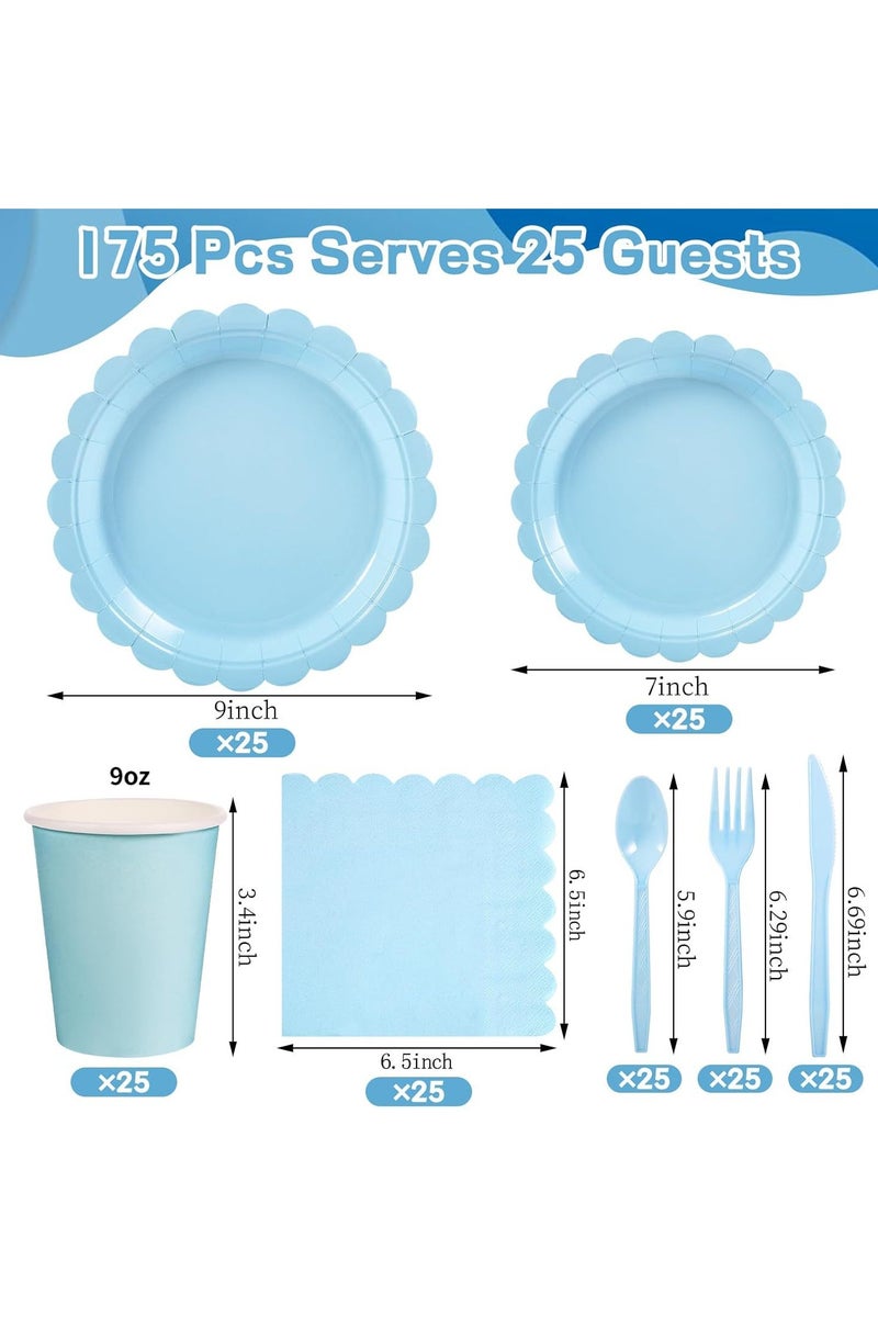 175PCS مجموعة لوازم الحزب الأزرق ، 25 أدوات المائدة الورقية القابلة للتصرف ، لوحة ، منديل ، كوب مجموعة بلاستيكية للزفاف ، عيد ميلاد ، دش الطفل ، عطلة - Image 2