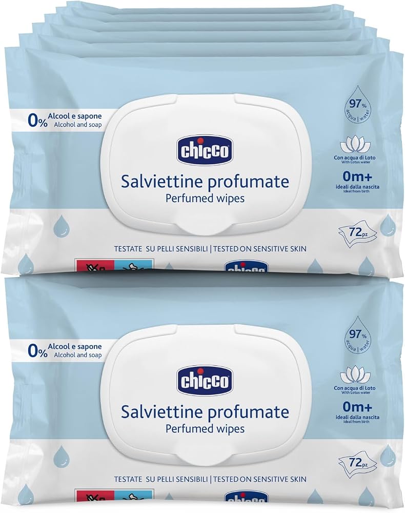 Chicco Newborn Baby Multi-Purpose Wipes with Plaque Alcohol Free Scented Sensitive Skin Multipack 864 Wipes 12 Packs of 72 Wipes - Image 1