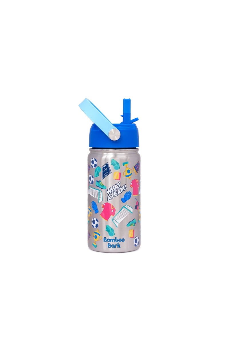 Bamboo Bark Insulated Water Bottle for Kids, 400ml Stainless Steel with Straw Lid, BPA Free Leak Proof School Water Bottle for Boys & Daily Use (FOOTBALL Print) - Image 1