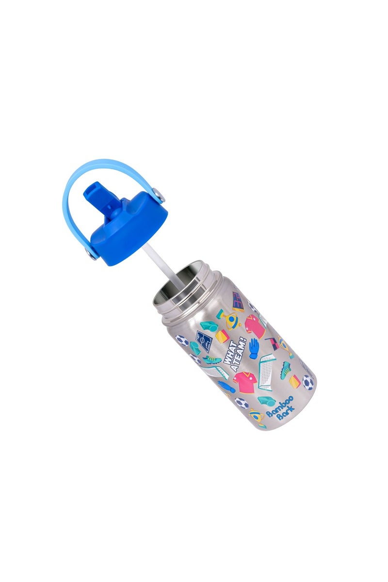 Bamboo Bark Insulated Water Bottle for Kids, 400ml Stainless Steel with Straw Lid, BPA Free Leak Proof School Water Bottle for Boys & Daily Use (FOOTBALL Print) - Image 2