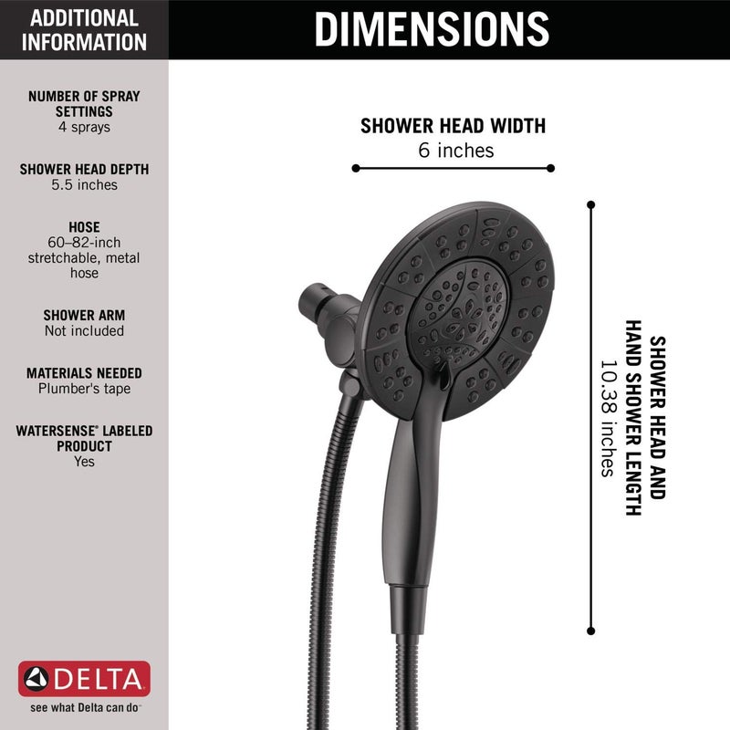 Delta Faucet 4-Spray In2Ition Dual Shower Head With Handheld Spray Matte Black Shower Head With Hose Showerheads & Handheld Showers Handheld Shower Heads Matte Black 58499-Bl - Image 5