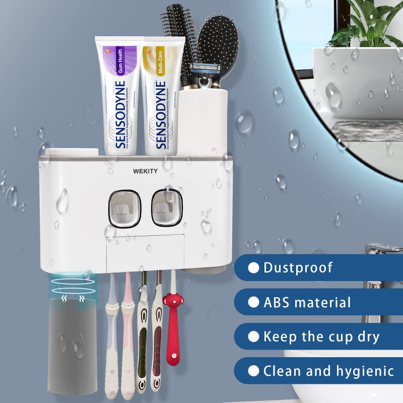 Wekity Toothbrush Holder Wall Mounted, WEKITY Multi-Functional Toothbrush and Toothpaste Dispenser for Bathroom, with 5 Toothbrush Slots, 2 Toothpaste Squeezers and 4 Cups(Grey) - Image 3