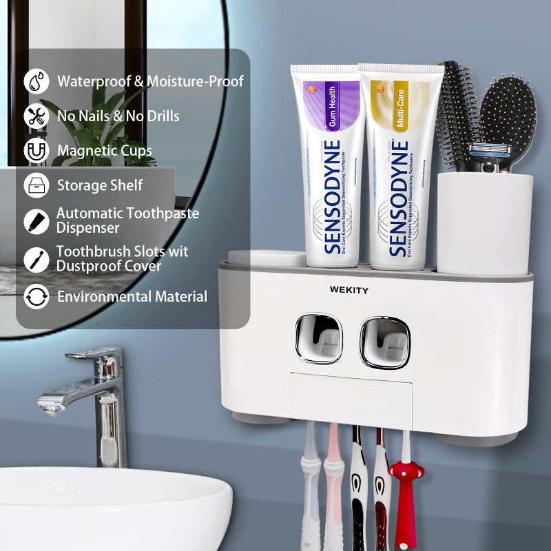 Wekity Toothbrush Holder Wall Mounted, WEKITY Multi-Functional Toothbrush and Toothpaste Dispenser for Bathroom, with 5 Toothbrush Slots, 2 Toothpaste Squeezers and 4 Cups(Grey) - Image 2