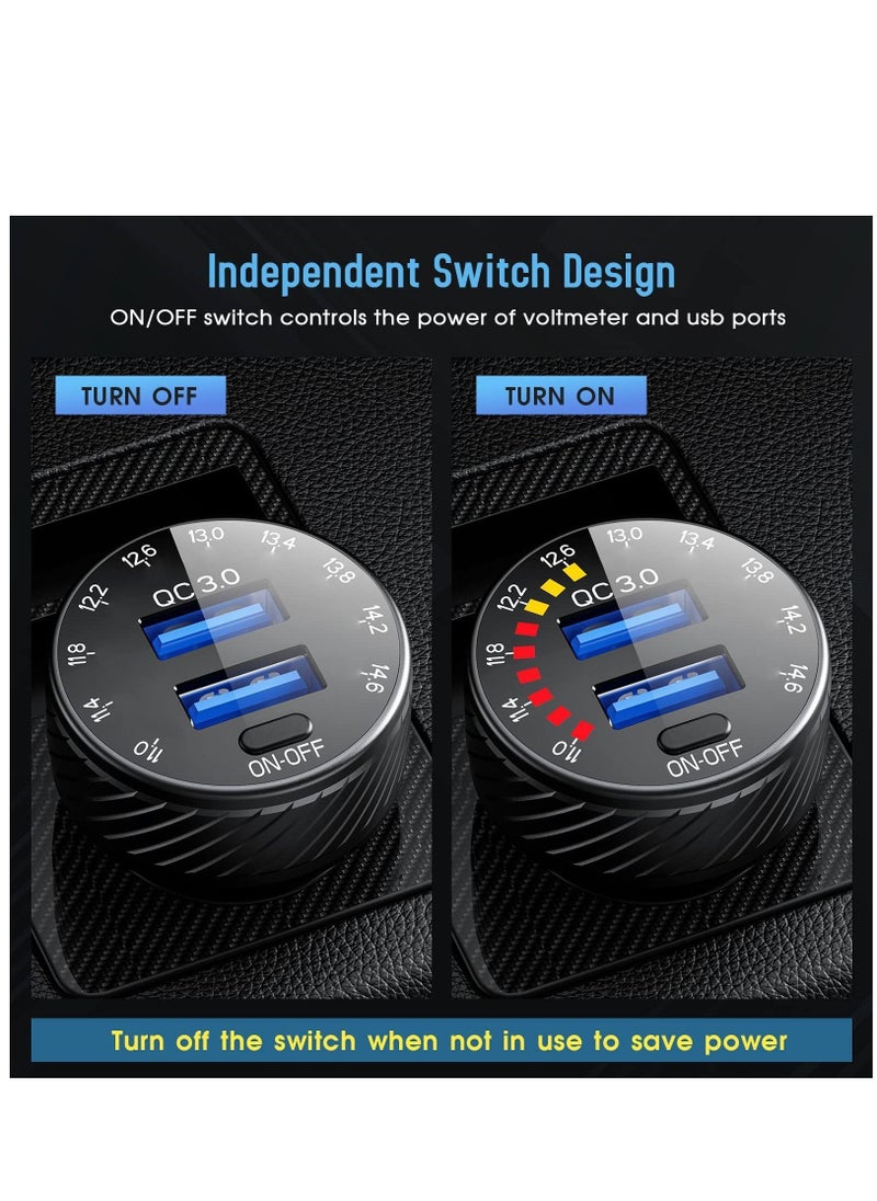 Y&D - Car Charger Adapter Cigarette Lighter, USB 36W/3A QC3.0 Dual Port Quick with LED Voltmeter Switch for Phone Camera iPhone 13/12/11/X/XR, Galaxy S22 S21 20 10 9, - Image 1