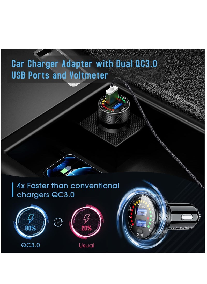 Y&D - Car Charger Adapter Cigarette Lighter, USB 36W/3A QC3.0 Dual Port Quick with LED Voltmeter Switch for Phone Camera iPhone 13/12/11/X/XR, Galaxy S22 S21 20 10 9, - Image 1