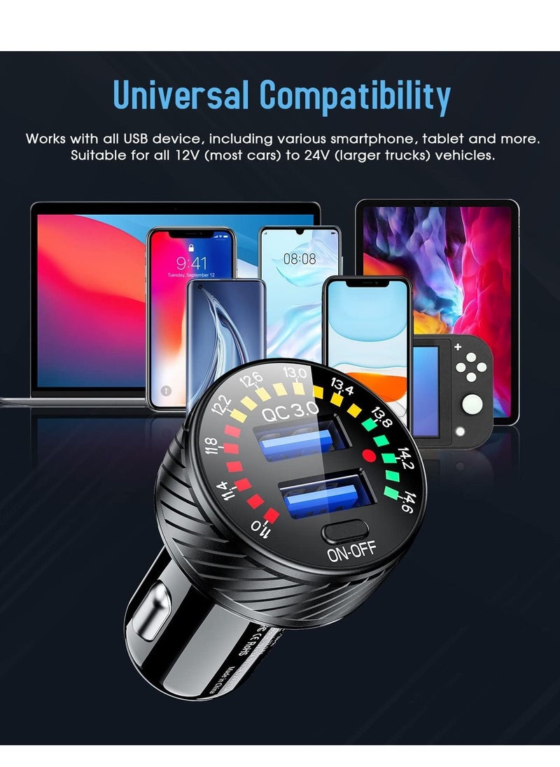 Y&D - Car Charger Adapter Cigarette Lighter, USB 36W/3A QC3.0 Dual Port Quick with LED Voltmeter Switch for Phone Camera iPhone 13/12/11/X/XR, Galaxy S22 S21 20 10 9, - Image 1