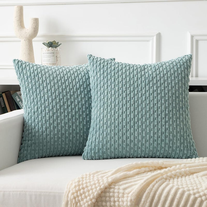 K KEVIN TEXTILE Kevin Textile Throw Pillow Covers Soft Corduroy Decorative Set of 2 Boho Striped Pillow Covers Pillowcases Farmhouse Home Decor for Couch Bed Sofa Living Room 18x18 Inch Dusty Green - Image 1