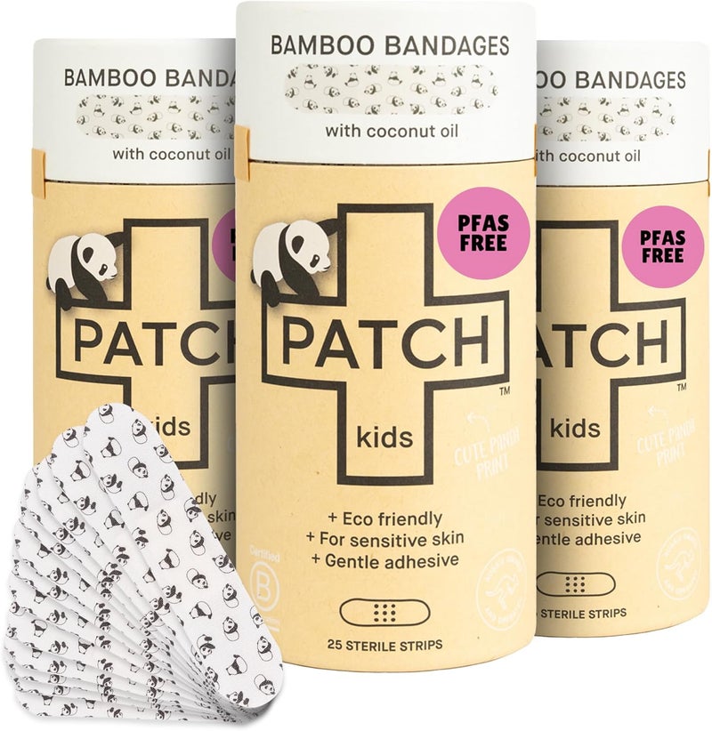 PATCH EcoFriendly Bamboo Adhesive Sensitive Skin Bandages with Coconut Oil Hypoallergenic Bandages for Sensitive Skin Cute Kids Panda Print Biodegradable Plastic  Latex Free 25 Count  3pk - Image 1