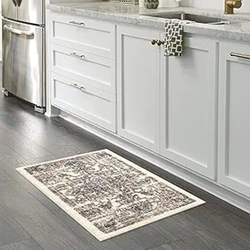 Maples Rugs Tapestry Farmhouse Area Rugs  Made in USA  Washable Non Slip Indoor Carpet for Entryway Foyer Kitchen and Bathroom 18 x 210 TaupeGrey