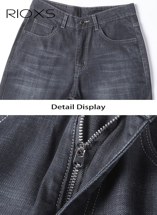 Men's Jeans, Straight Fit Tapered Leg Pants, Casual Regular Jean For Men, Classic Men Pants With Utility Pocket, Stretch Comfort Fit Jeans, Wash Vintage Skinny Denim Trousers For Work Or Daily Wear