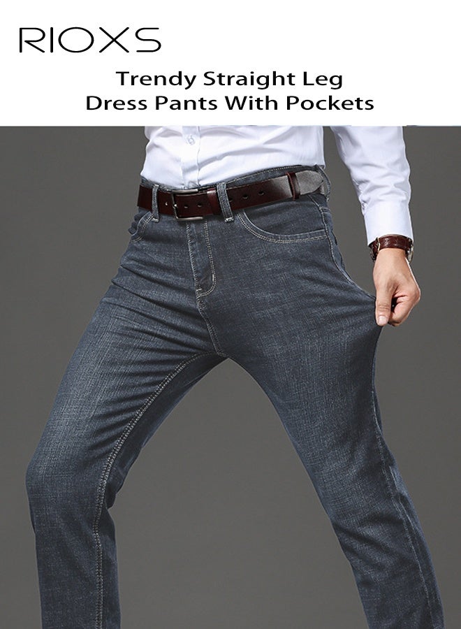 ريوكس جينز رجالي، بنطلون جينز ضيق بساق مستقيمة، جينز رجالي كاجوال ضيق ومطاطي، بنطلون رجالي كلاسيكي بجيوب عملية، بنطلون جينز ضيق خفيف الوزن ومسامي للغسيل، مناسب للعمل أو للارتداء اليومي - Image 5