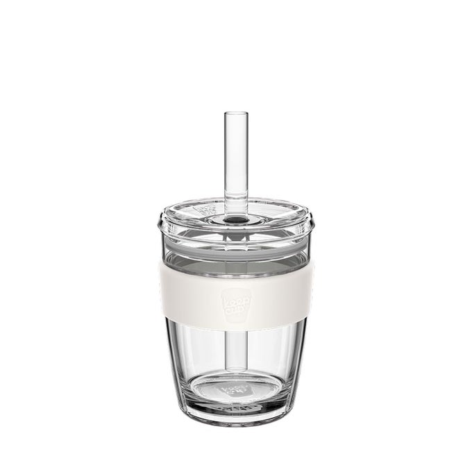 COLD CUP LONGPLAY DOUBLE WALL GLASS ICE COFFEE TUMBLER WITH LID AND STRAW 12OZ 340ML CHALK