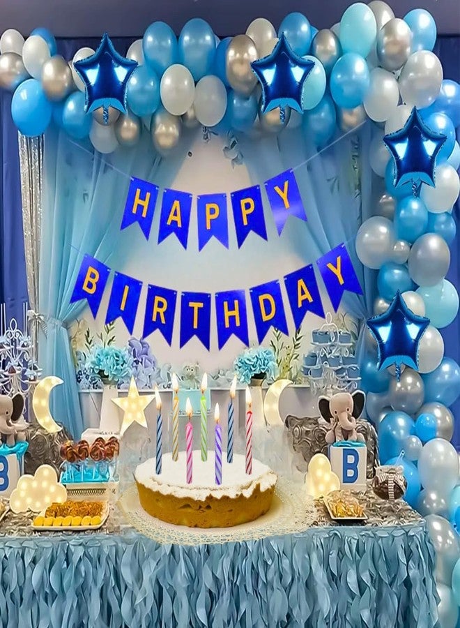 هونج كونج بالونز مجموعة زينة عيد ميلاد زرقاء من HK Balloons مكونة من 71 قطعة مع زينة نجوم من رقائق معدنية، مثالية للاحتفال بعيد ميلاد الأولاد أو الأزواج، مع خلفية زرقاء مميزة. - Image 1