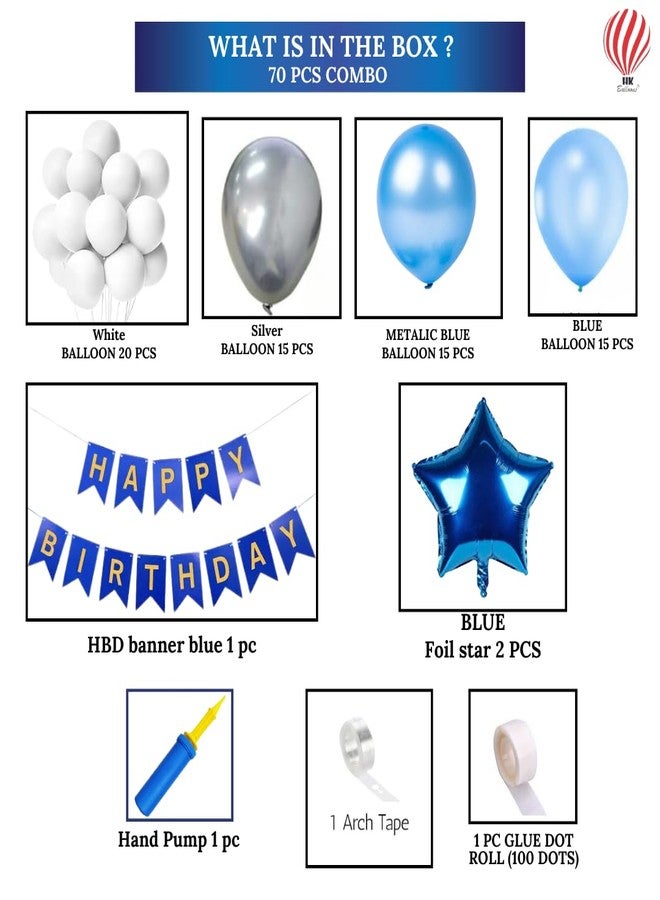 هونج كونج بالونز مجموعة زينة عيد ميلاد زرقاء من HK Balloons مكونة من 71 قطعة مع زينة نجوم من رقائق معدنية، مثالية للاحتفال بعيد ميلاد الأولاد أو الأزواج، مع خلفية زرقاء مميزة. - Image 2