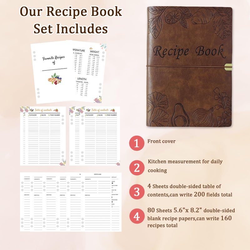 leeveel Blank Recipe Book to Write in Your Own Recipes, 5.6 X 8.2 Recipe Ring Binder with PU Leather Cover, Recipe Journal with 160 Recipes (dark brown) - Image 2