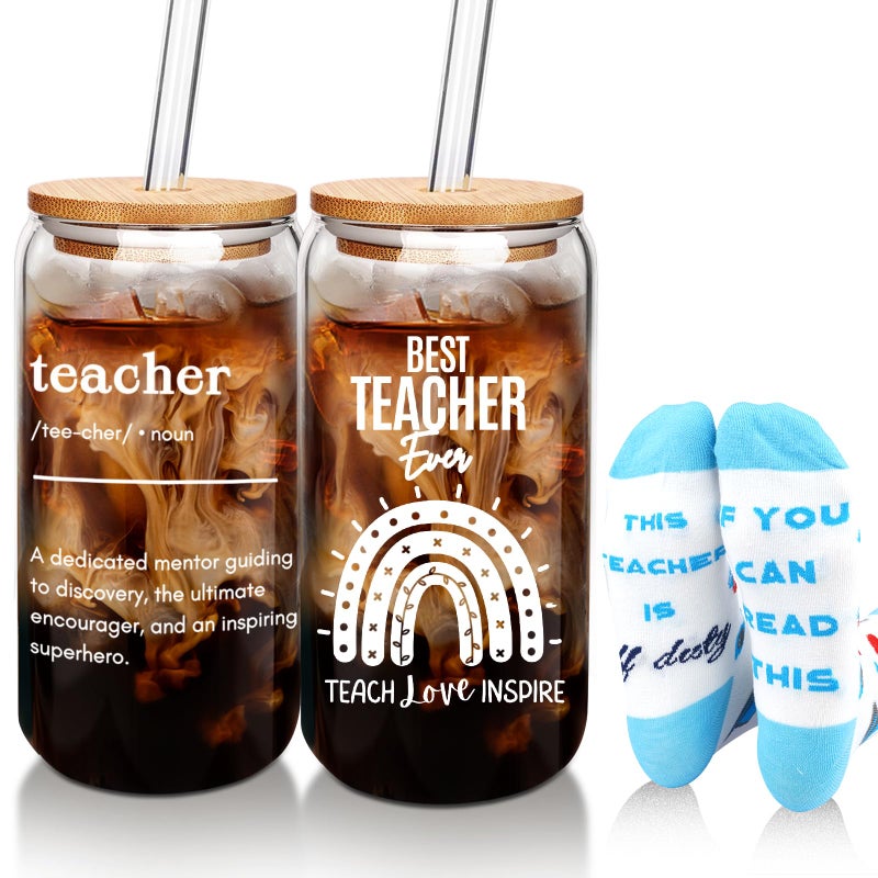 Anotion ANOTION Teacher Gifts End of Year Teacher Gifts Tumbler  Socks Gift Set  20oz Glass Cup Teachers Appreciation Day Valentines Day Thank You Blue and White Modern Reusable 