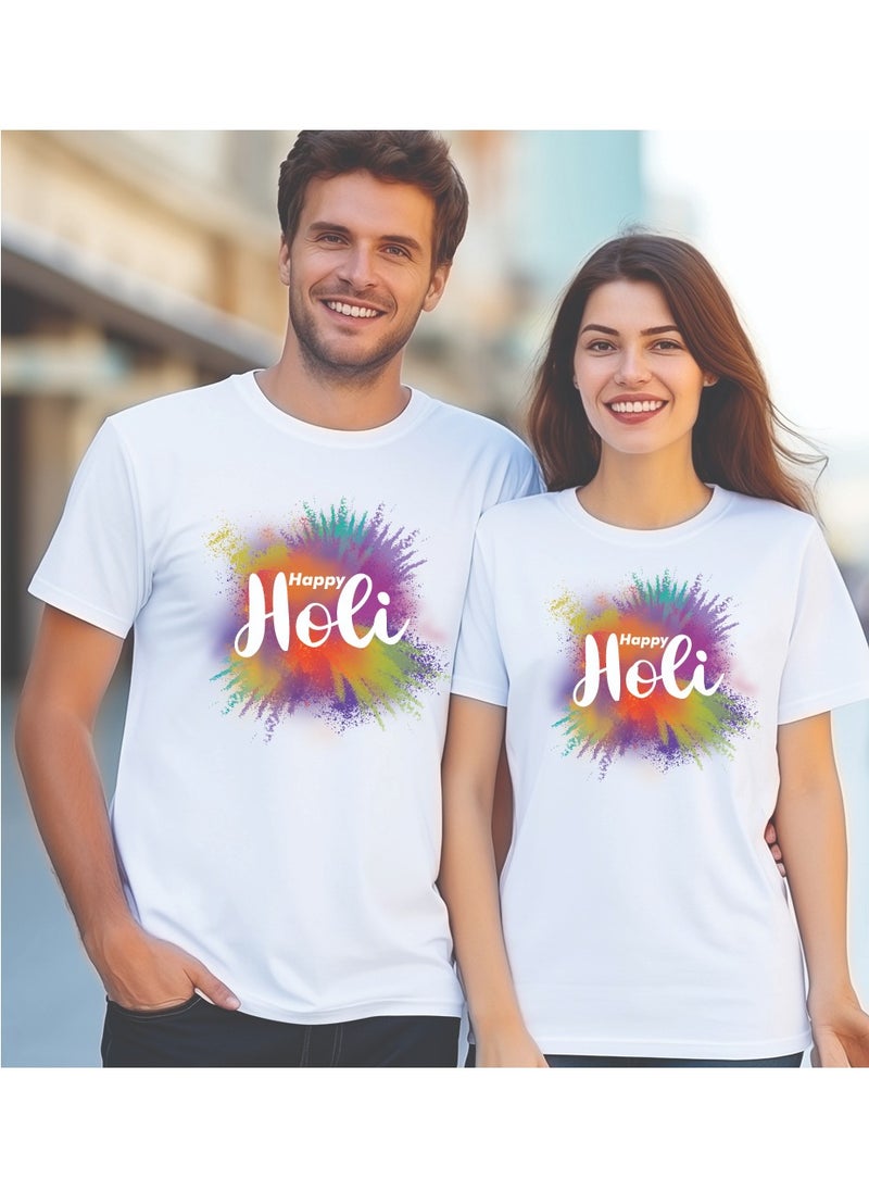 PRINTSHOP4ME - Holi Celebration - Matching Couple Holi T-Shirts - Holi Couple T-Shirts - Holi Matching Men's Women's Couples Round Neck Holi T-Shirts - Image 1