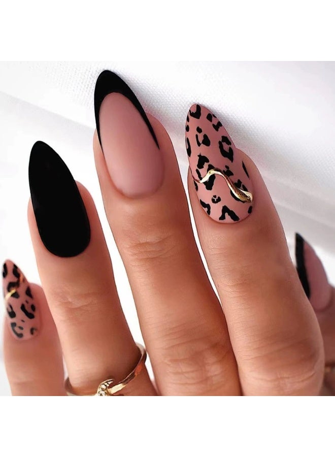 Goolsky أظافر فرنسية سوداء على شكل قطرة ماء جريئة مع نمط الفهد - لمسات ذهبية لملابس الشارع وحفلات الليل - Image 1