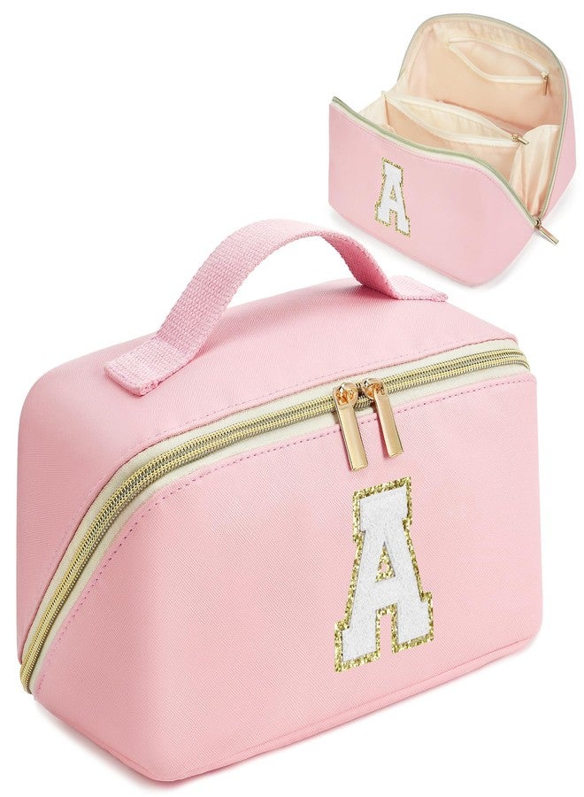 DTBG for Valentines Day Gifts, Makeup Bag for Women, PU Leather Travel Toiletry Bags, Initial Make Up Cosmetic Pouch for Teen Girls, Wide Open Portable Skincare Bag, Personalized Birthday Gifts, Pink A - Image 1