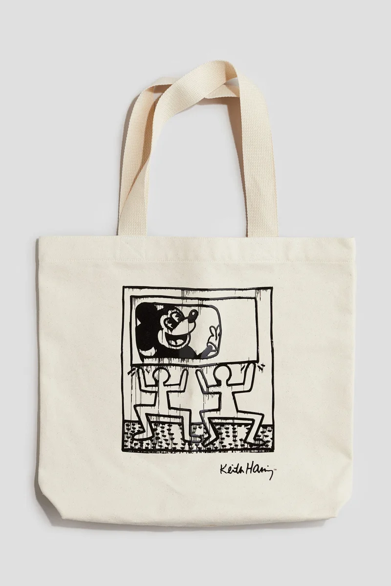 اتش اند ام Print-Motif Cotton Canvas Tote Bag