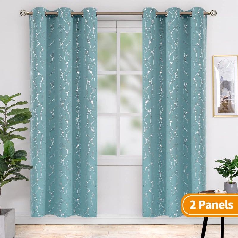 BGment Room Darkening Curtains 84 Inches Long  Grommet Thermal Insulated Blackout Curtains with Wave Line and Dots Printed for Bedroom  2 Panels  Each 42 x 84 Inch  Aqua - Image 2