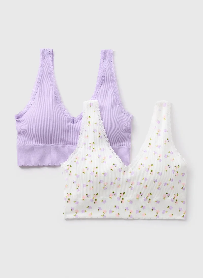 Matalan Lilac 2 Pack Ribbed Floral Bralette Set