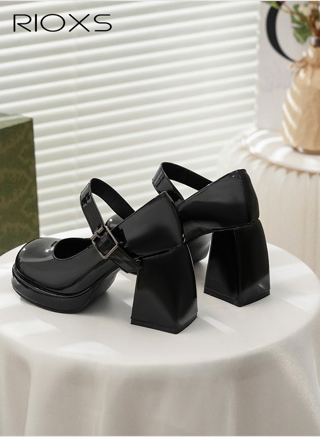 RIOXS Women's High Heeled Shoes, Retro Round Toe Platform Chunky Heels, Lady's Block Heel Mary Janes Shoes, Trendy Strappy Dress Shoes for Women, 8cm Heels Pumps Shoes for Wedding/ Party/ Work/ Daily Wear, Womens Dressy High Heel Shoes, Black Ladies Heels - Image 5