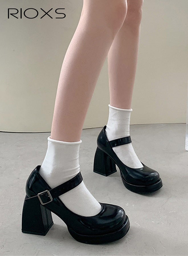 RIOXS Women's High Heeled Shoes, Retro Round Toe Platform Chunky Heels, Lady's Block Heel Mary Janes Shoes, Trendy Strappy Dress Shoes for Women, 8cm Heels Pumps Shoes for Wedding/ Party/ Work/ Daily Wear, Womens Dressy High Heel Shoes, Black Ladies Heels - Image 2