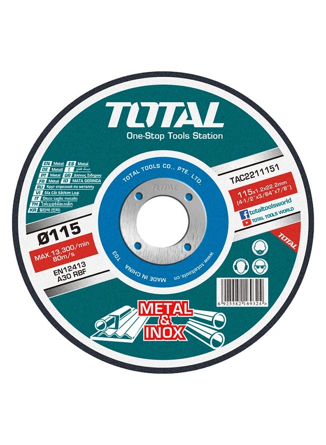توتال تولز قرص قطع كاشط TOTAL مقاس 115 مم (4.5 بوصة) للمعادن والفولاذ المقاوم للصدأ | سمك 1.2 مم | مركز مسطح | قرص عالي السرعة لماكينات الصنفرة الزاوية | أقصى سرعة دوران 13,300 دورة في الدقيقة