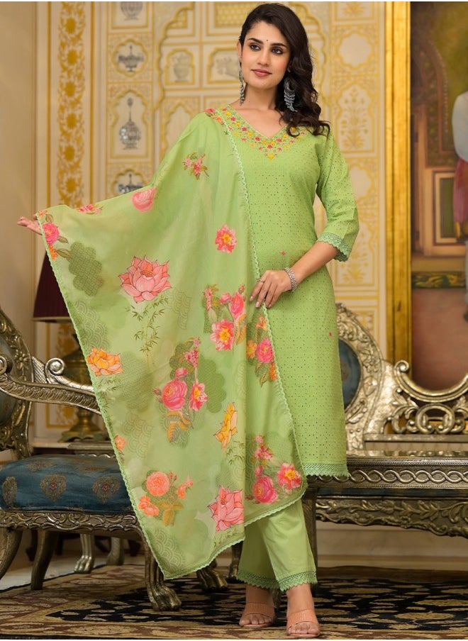 ISHIN Straight Fit Embroidered Pattern Round Neck Three-Quarter Sleeves Olive Colour Knitted Cotton Kurta Set for Women with Semi Elastic Closure - A Must-Have for Every Wardrobe  - Image 1