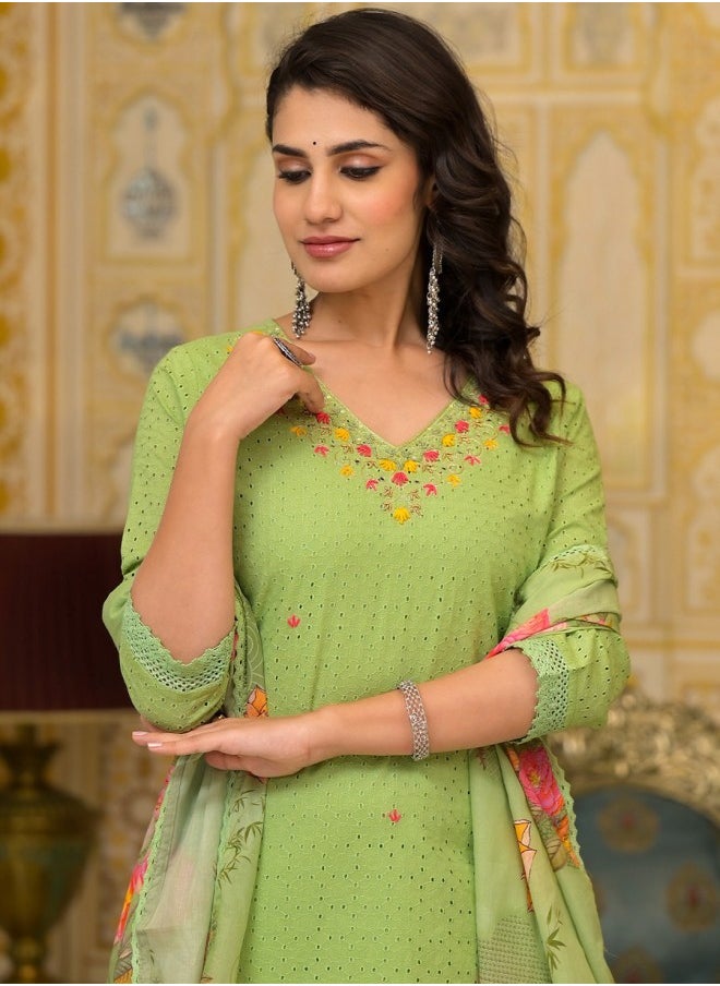 ISHIN Straight Fit Embroidered Pattern Round Neck Three-Quarter Sleeves Olive Colour Knitted Cotton Kurta Set for Women with Semi Elastic Closure - A Must-Have for Every Wardrobe  - Image 2