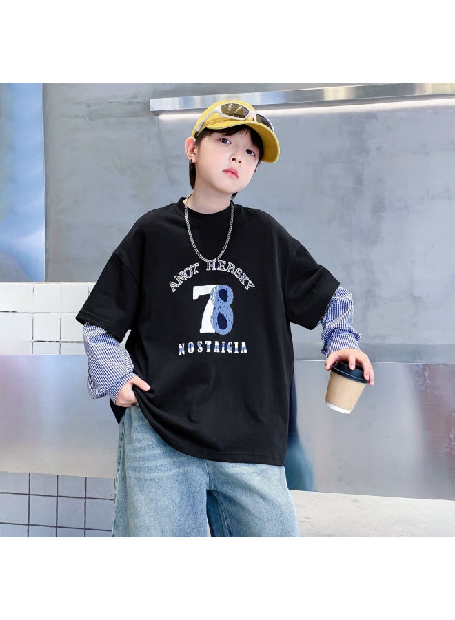 Boys' Spring And Autumn Trendy Brand Fake Two-piece Sports Long-sleeve T-shirt  New Children's Boys' Autumn Loose Top