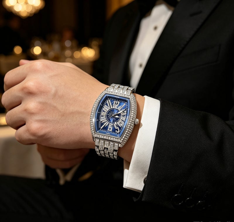 MISS FOX Men Iced-Out Full Diamond Quartz Watch, Gold Tonneau Barrel Shape Black Compass Hollow Dial, Stainless Steel Rhinestone Wrist Watch for Party Business Gift` - Image 2