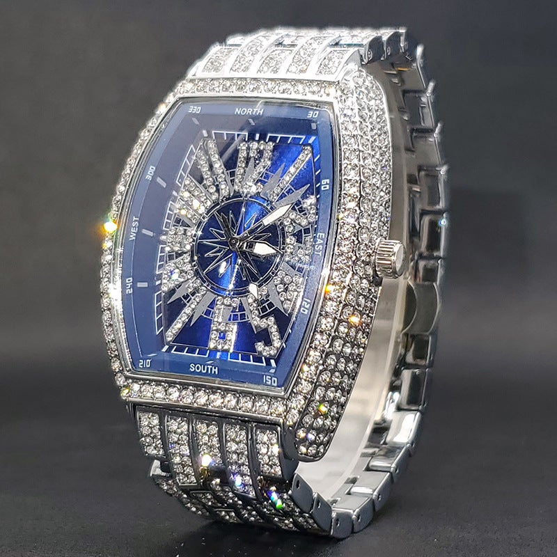 MISS FOX Men Iced-Out Full Diamond Quartz Watch, Gold Tonneau Barrel Shape Black Compass Hollow Dial, Stainless Steel Rhinestone Wrist Watch for Party Business Gift` - Image 1