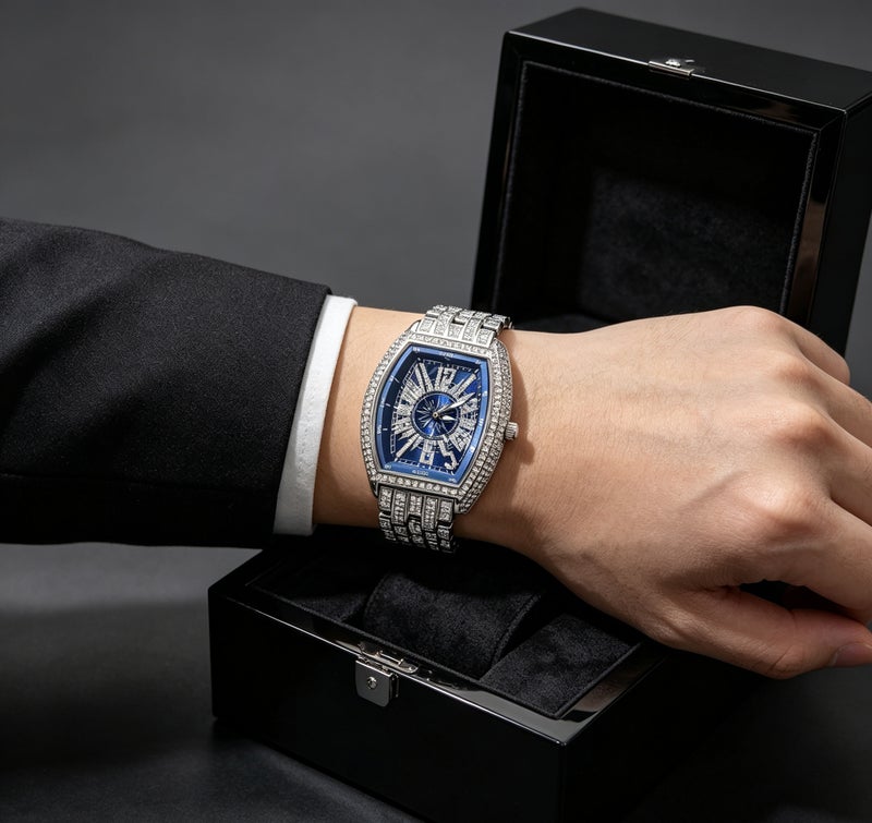 MISS FOX Men Iced-Out Full Diamond Quartz Watch, Gold Tonneau Barrel Shape Black Compass Hollow Dial, Stainless Steel Rhinestone Wrist Watch for Party Business Gift` - Image 4