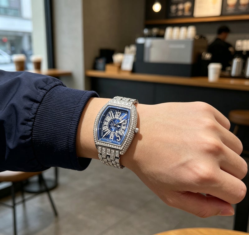 MISS FOX Men Iced-Out Full Diamond Quartz Watch, Gold Tonneau Barrel Shape Black Compass Hollow Dial, Stainless Steel Rhinestone Wrist Watch for Party Business Gift` - Image 3