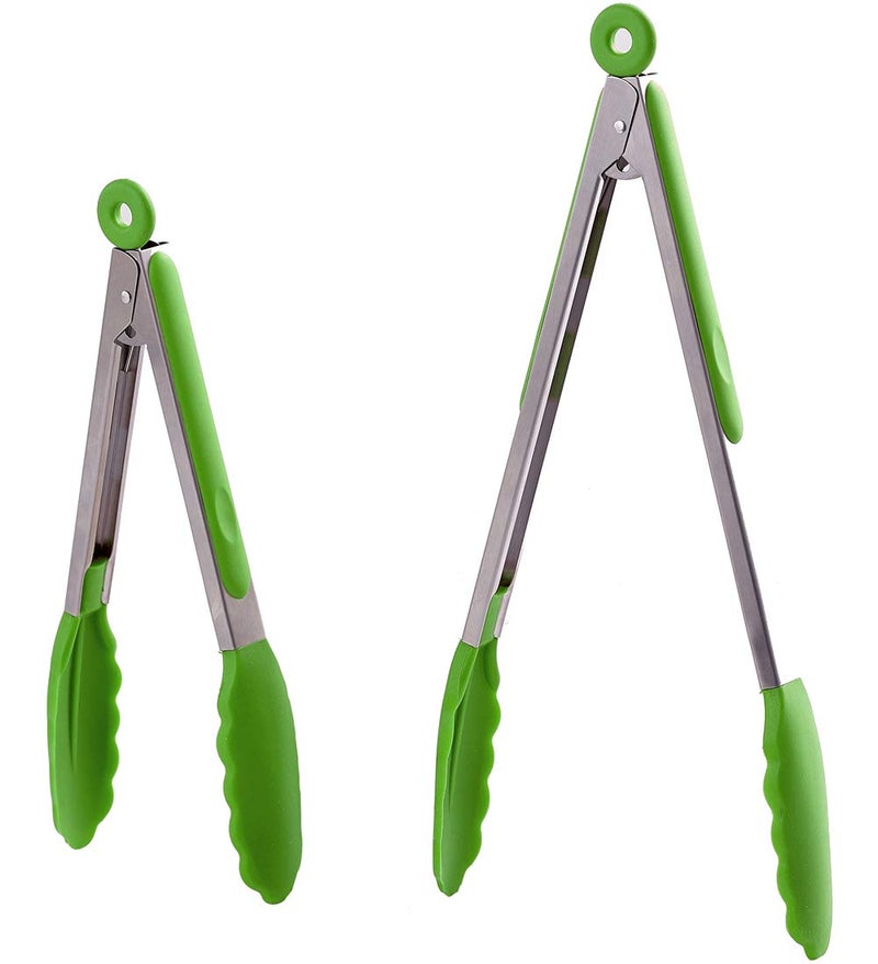 HiramWare HiramWare Kitchen Tongs Set of 2  9 inch  12 inch  Stainless Steel Food Tongs with Silicone Tips  Premium Locking Nonstick Tongs for Cooking BBQ Grilling Salad  Heavy Duty BPA FreeGreen