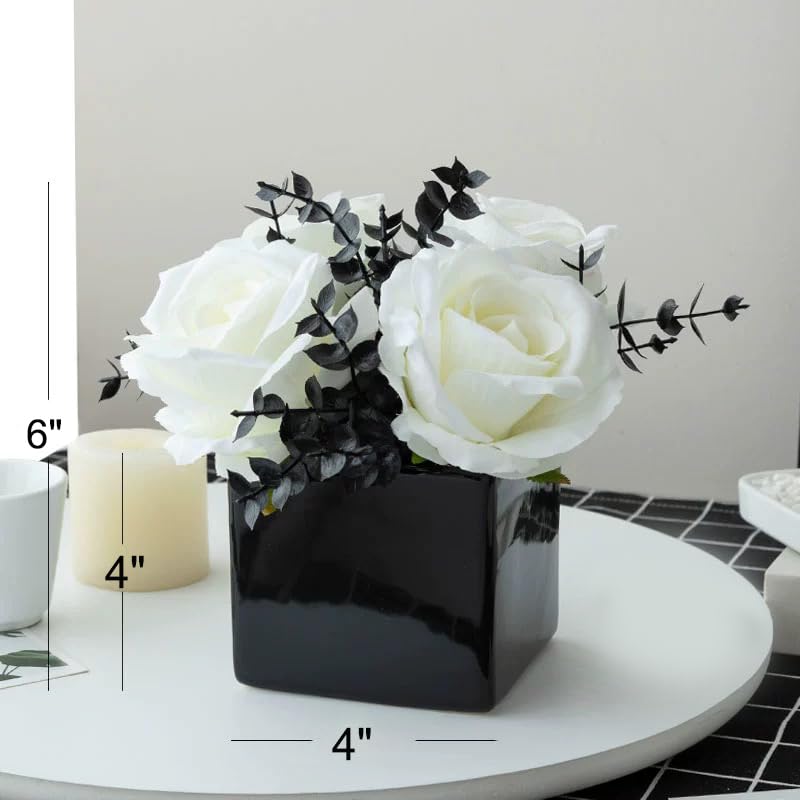 LADADA Artificial Flowers with Small Ceramic Vases  Roses in Vases Plastic Artificial Flowers and Plants Used for Home Office Wedding Decoration  Table Decoration(White) - Image 2