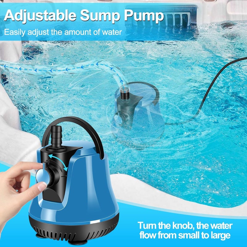 FineBud Submersible Water Pump, Adjustable Flow Sump Pump, Pool Cover Pump Above Ground, Electric Portable Water Removal Pumps, Water Pump for Pool Draining with 10ft Drainage Hose,3 Adapters,950GPH - Image 2