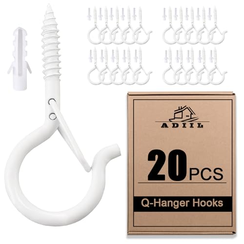 ADIIL 20 PCS Q Hanger Hooks with Safety Buckle, Windproof Screw Hooks for Hanging Outdoor String Lights, Plants, Christmas Patio Lights, 2.2 Inches, White - Image 1