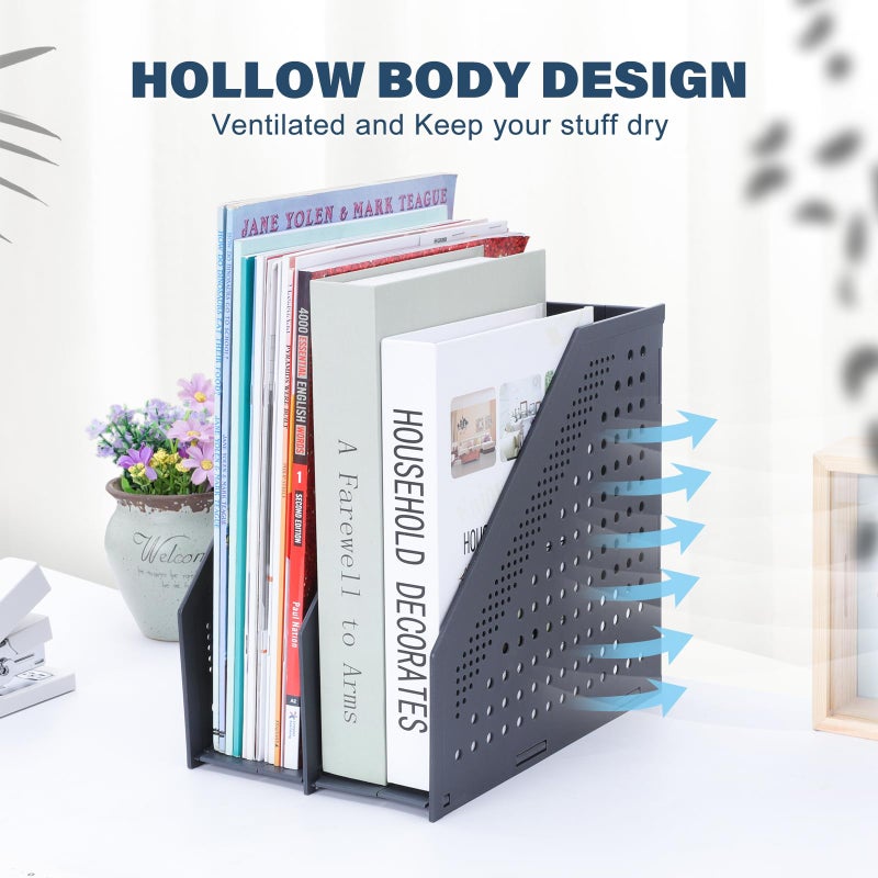 FRETONBA Collapsible Magazine File Holder with 2 Vertical Compartments Foldable Binder Holder for Desk Binder Storage Organizer Plastic Magazine Holders for Shelf, Dark Gray - Image 3