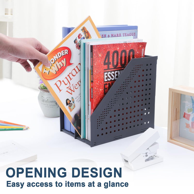 FRETONBA Collapsible Magazine File Holder with 2 Vertical Compartments Foldable Binder Holder for Desk Binder Storage Organizer Plastic Magazine Holders for Shelf, Dark Gray - Image 2