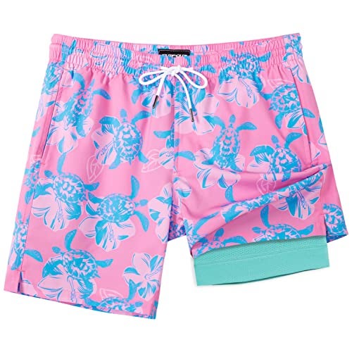SURF CUZ Mens Swim Trunks with Compression Liner Quick Dry Swim Shorts 7" Swimming Trunks Stretch Zipper Pockets Pink Blue Turtles X-Large - Image 1