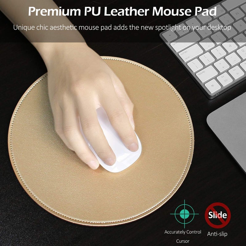 ProElife Mouse Pad for Computer Laptop Accessories, Anti Slip Cute Round Mouse Pad Waterproof PU Leather 8.66-Inch Circular Mousepad Stitched Edges Mat for Home Office School Gaming (Gold) - Image 2