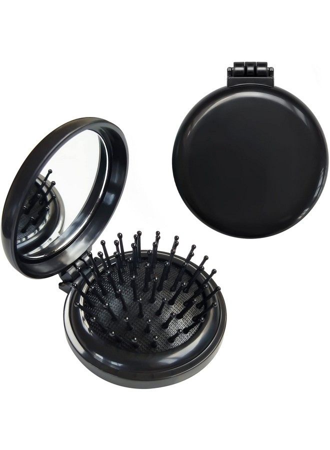 SportMore Folding Hair Brush With Mirrorround Mini Compact Massage Comb For Purse/Pockettravel Size For Girls And Women Black - Image 1