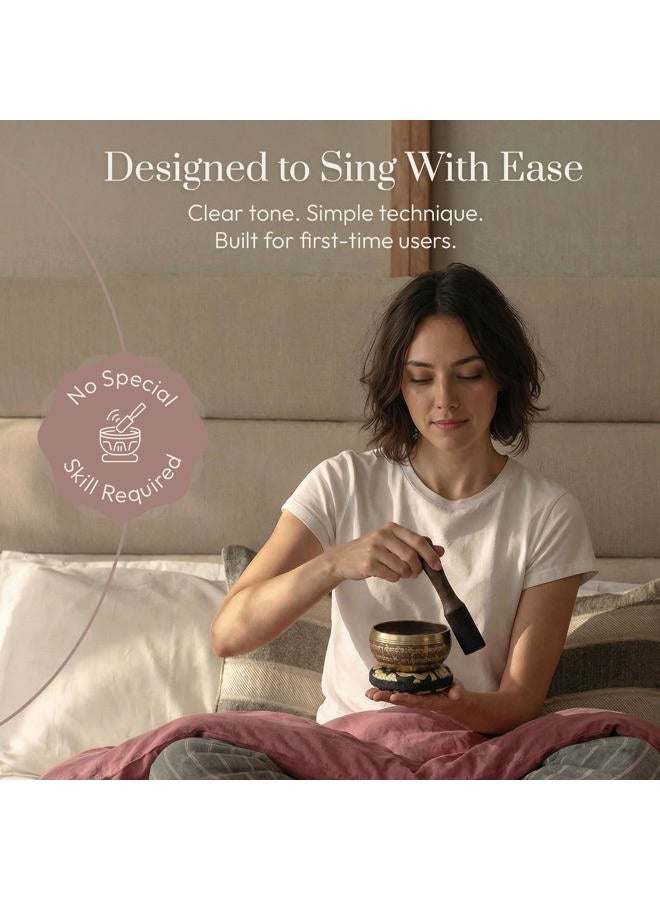 Silent Mind Tibetan Singing Bowl Set - Easy to Play - Creates Beautiful Sound for Holistic Healing, Stress Relief, Meditation & Relaxation - Peace Pattern - Gold Bowl with Black Pillow - Yoga singing bowl - Image 2