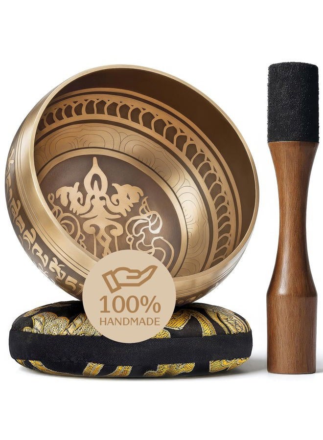 Silent Mind Tibetan Singing Bowl Set - Easy to Play - Creates Beautiful Sound for Holistic Healing, Stress Relief, Meditation & Relaxation - Peace Pattern - Gold Bowl with Black Pillow - Yoga singing bowl - Image 1