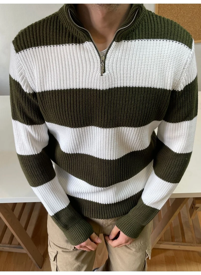 Cool Tarz Cool Style Khaki-White Zippered Striped Patterned Knitwear Sweater