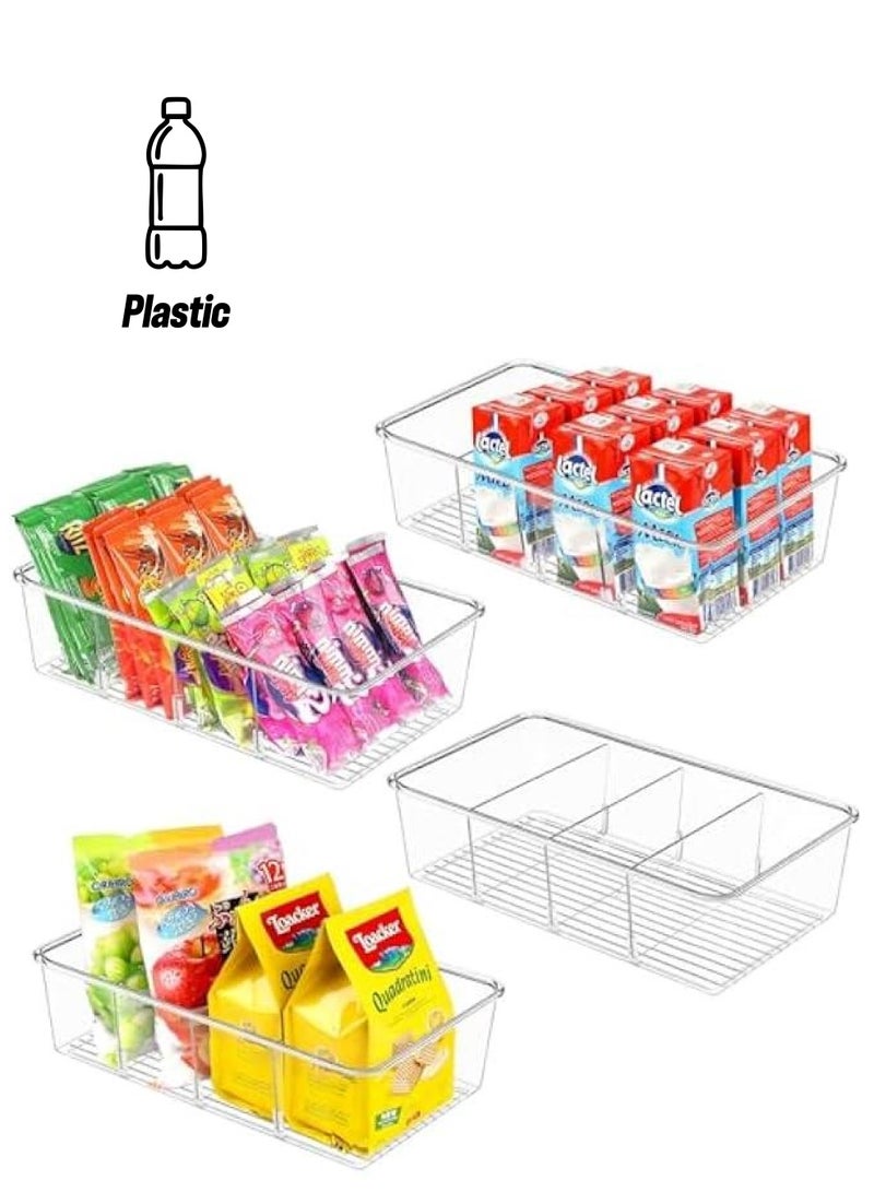 HOOKOR Clear Pantry Organizer Storage Bins Plastic Removable Snack Organizer Pantry Organization Storage Racks with Removable Dividers, Perfect for Packets, Snacks, Spices, Kitchen (4 Pack) - Image 1
